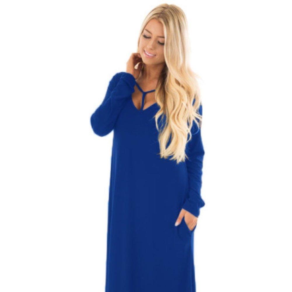 D655 Blue Y Strap Neckline Relaxed Long Dress